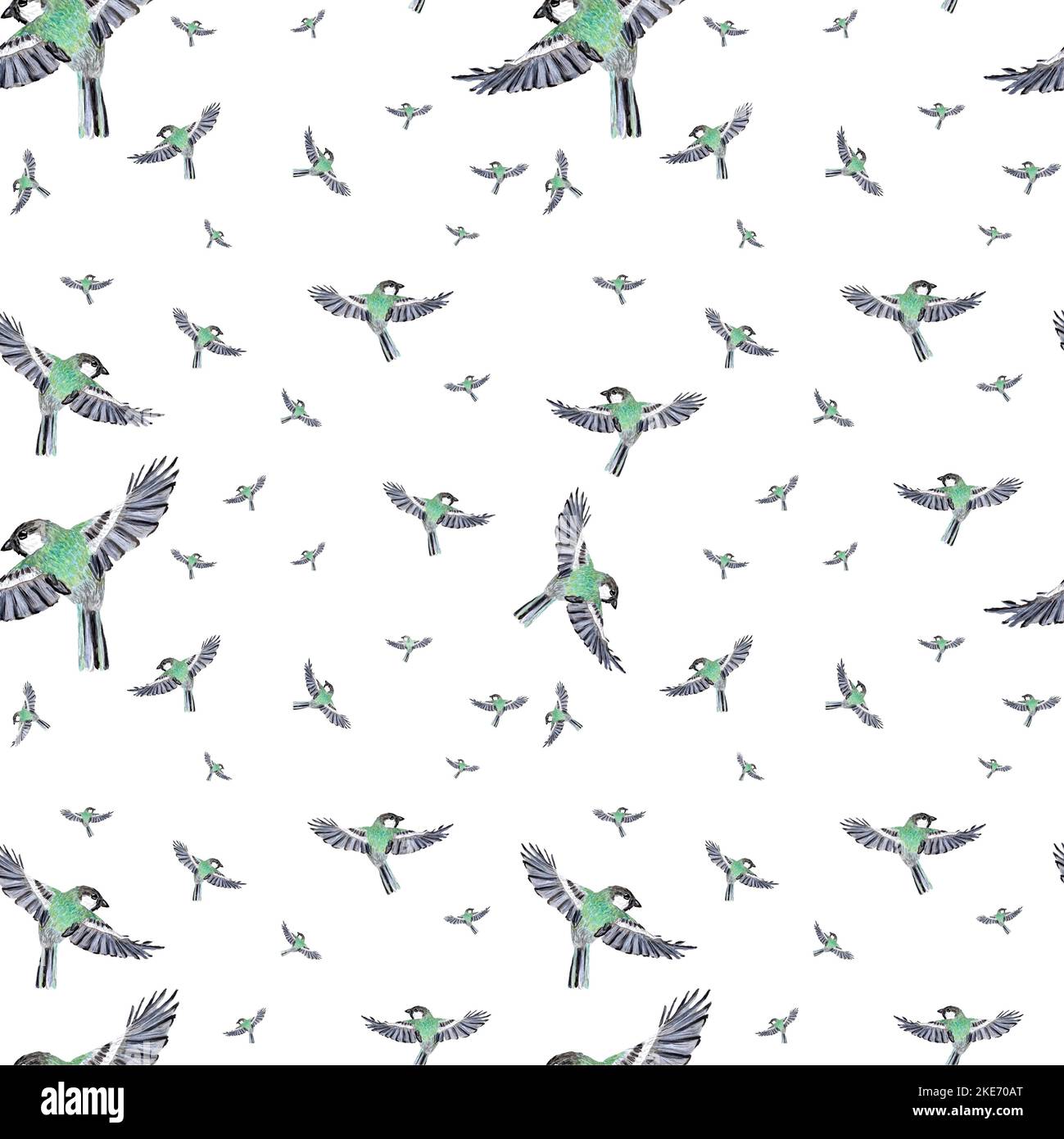 Bird green fly pattern a watercolor illustration  Stock Photo