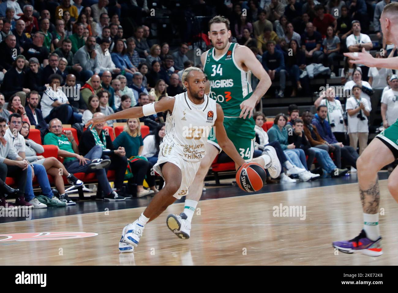 Villeurbanne, France - 10/11/2022, Parker JACKSON CARTWRIGHT of Lyon and Tyles CAVANAUGH of Zalgiris Kaunas during the Turkish Airlines Euroleague basketball match between LDLC ASVEL Villeurbanne and Zalgiris Kaunas on November 10, 2022 at Astroballe in Villeurbanne, France - Photo Romain Biard / Isports / DPPI Stock Photo