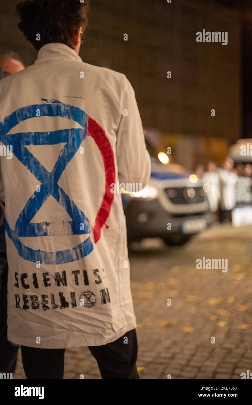 Berlin, Germany - October 16 2022: Scientist rebellion group protest outside at World Health Organisation summit 2022Climate Action Stock Photo