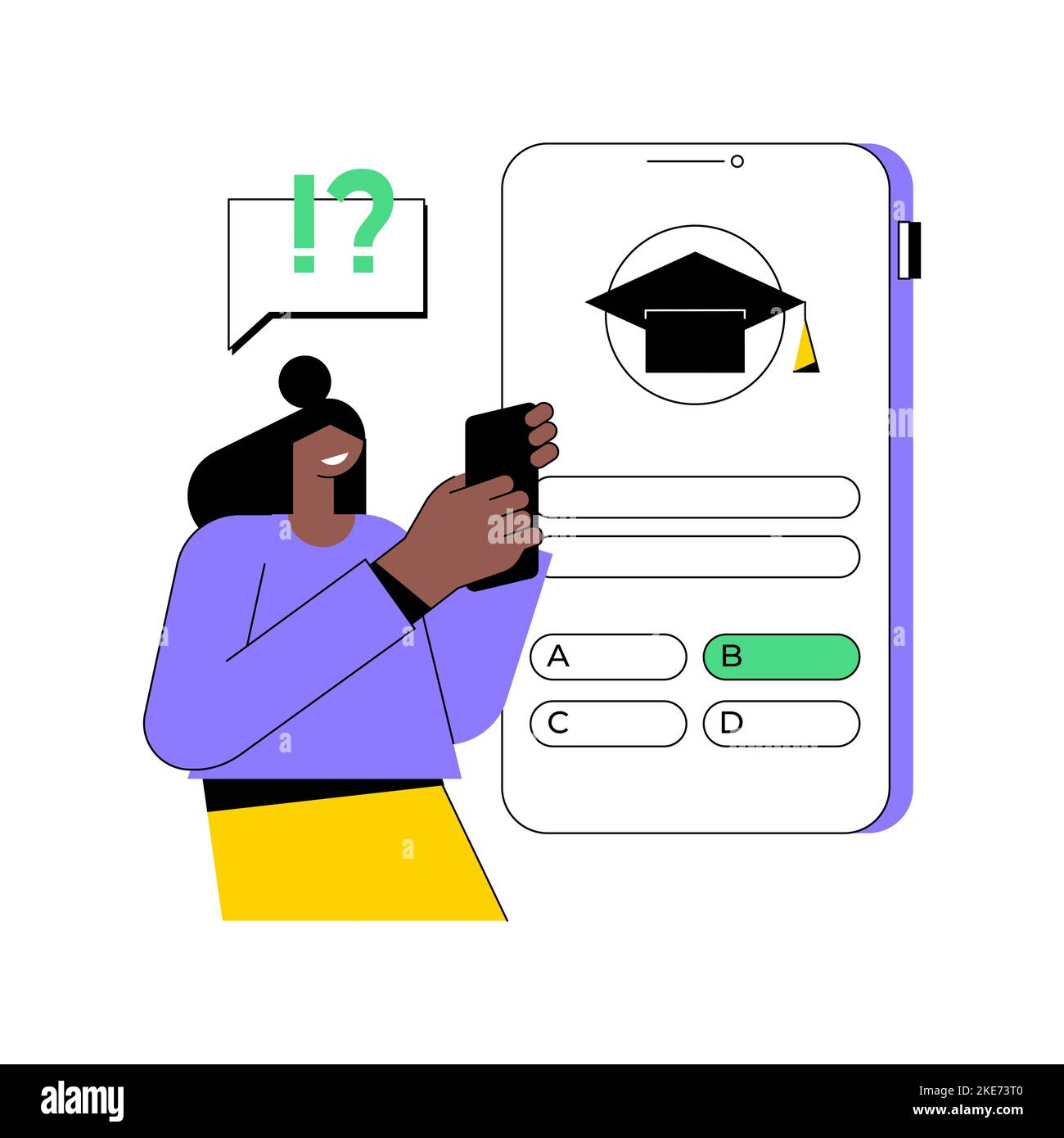 Learning app isolated cartoon vector illustrations. Girl holding phone and using learning app, online degree, virtual education, flexible schedule, getting knowledge vector cartoon. Stock Vector