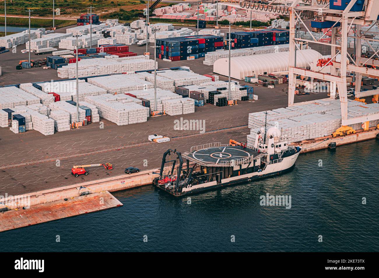 An aerial of cape Canaveral port in Florida, with platform and ships