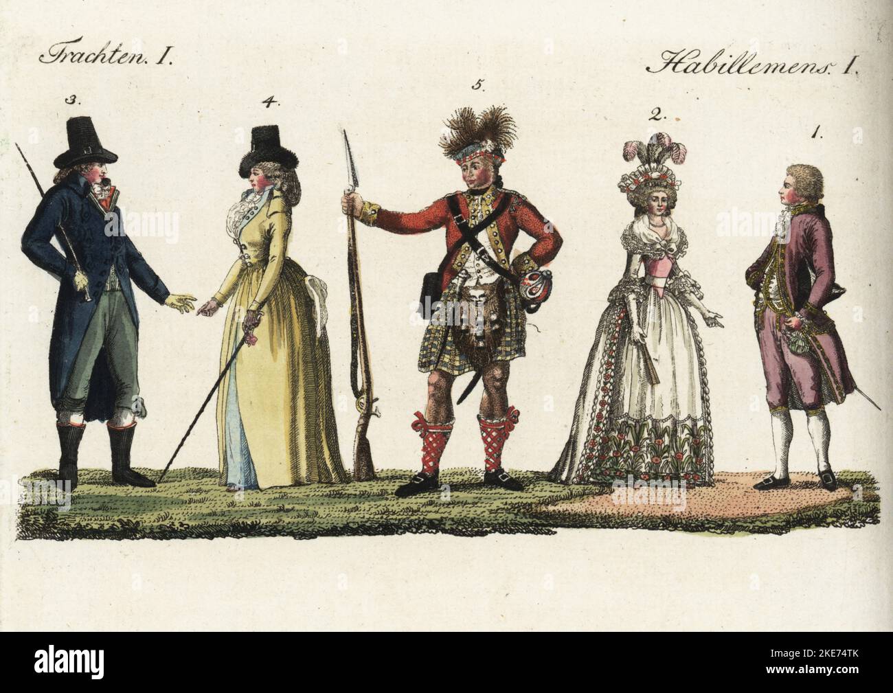 Costumes of European people, 18th century. French gentleman and woman in high fashion 1,2, Englishman and woman in casual clothes, top hats and riding coats 3,4, Scottish highlander in military wear, red coat, tartan kilt, sealskin sporran and plumed hat, armed with musket and claymore 5. Handcoloured copperplate engraving from Friedrich Johann Bertuch's Bilderbuch fur Kinder (Picture Book for Children), Weimar, 1792. Stock Photo