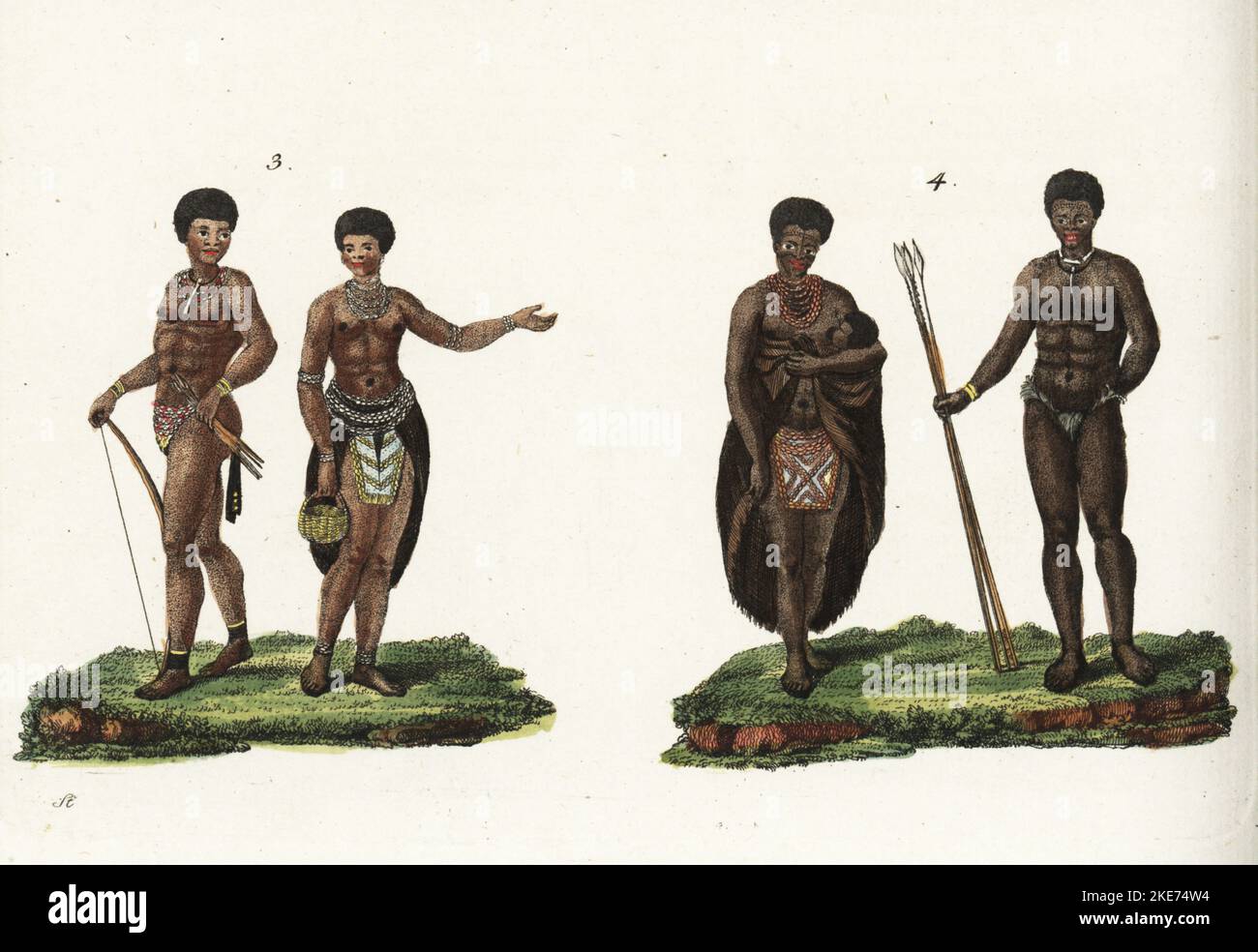 Costumes of the people of Africa, 18th century. Gonaqua man with bow and arrow, woman in beaded apron and skirts 3, and Xhosa or Zulu man in collar and loincloth with assegai, woman in beaded apron, sheepskin cloak holding a baby 4. Handcoloured copperplate engraving from Friedrich Johann Bertuch's Bilderbuch fur Kinder (Picture Book for Children), Weimar, 1792. Stock Photo