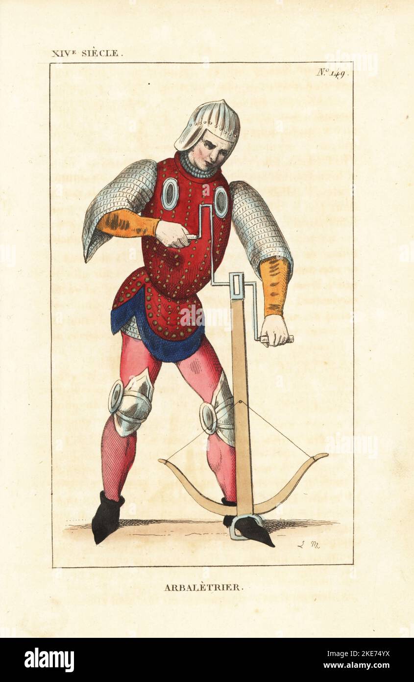 French crossbowman winding a crossbow, 14th century. In capelline helmet, jaque or leather justaucorps over a chainmail hauberk, pink hose, knee armour, and boots. He uses both hands to wind the bow ready to load a bolt. Arbaletrier. Handcoloured copperplate drawn and engraved by Leopold Massard from French Costumes from King Clovis to Our Days, Massard, Mifliez, Paris, 1834. Stock Photo