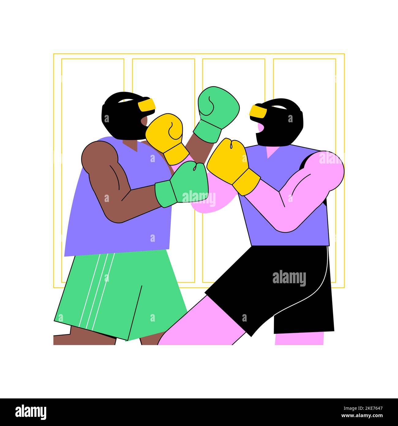 Sparring on the ring isolated cartoon vector illustrations. Strong boys in gloves and helmets have fight on the ring, boxing sparring, professional competition, make blows vector cartoon. Stock Vector