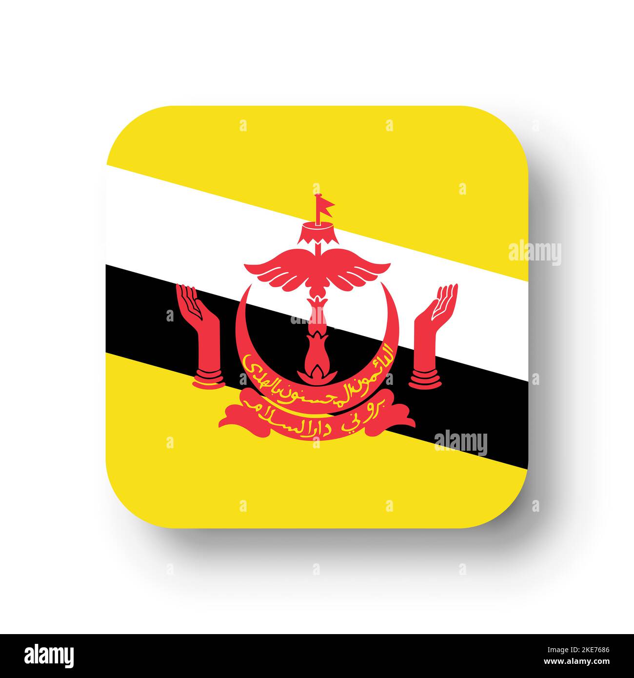 Brunei flag - flat vector square with rounded corners and dropped shadow. Stock Vector