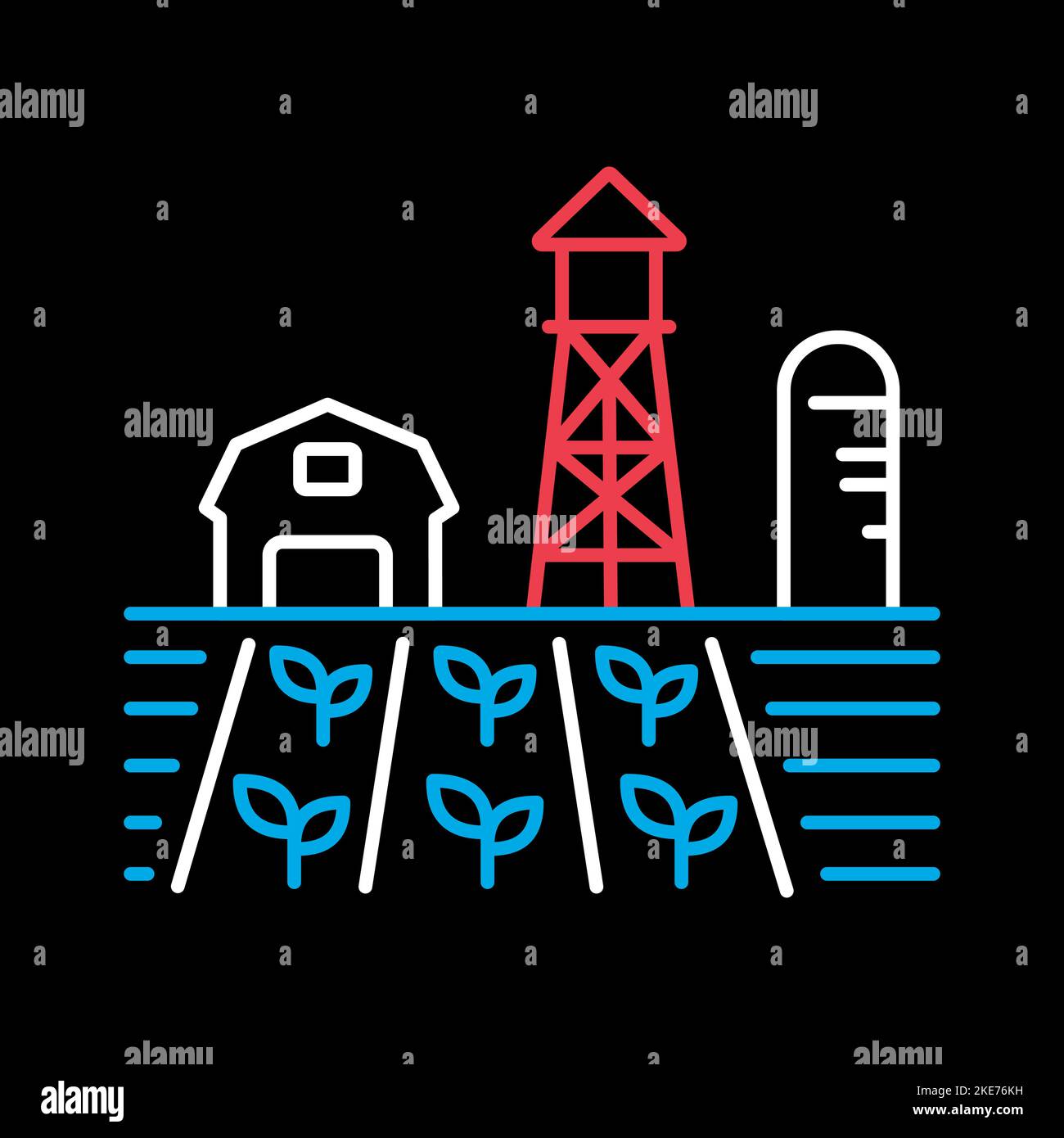 Farm landscape with barn, windpump, seedling and water tower vector on ...