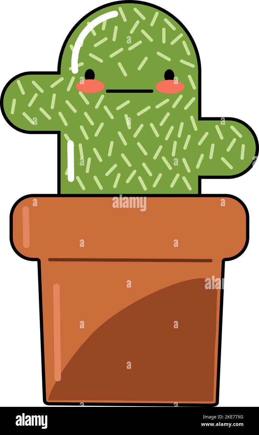 A green cute cartoon cactus with red cheeks in a brown pot on a white