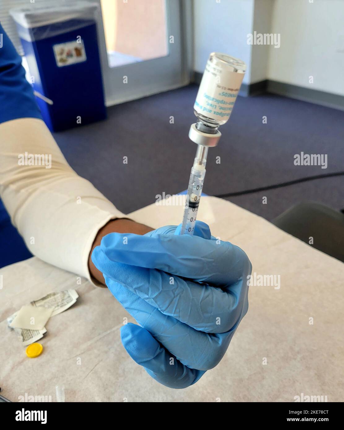 Germantown, MD, November 9, 2022-A syringe filled with the MonkeyPox serum is being readied for injection. The MonkeyPox vaccine is being distributed Stock Photo