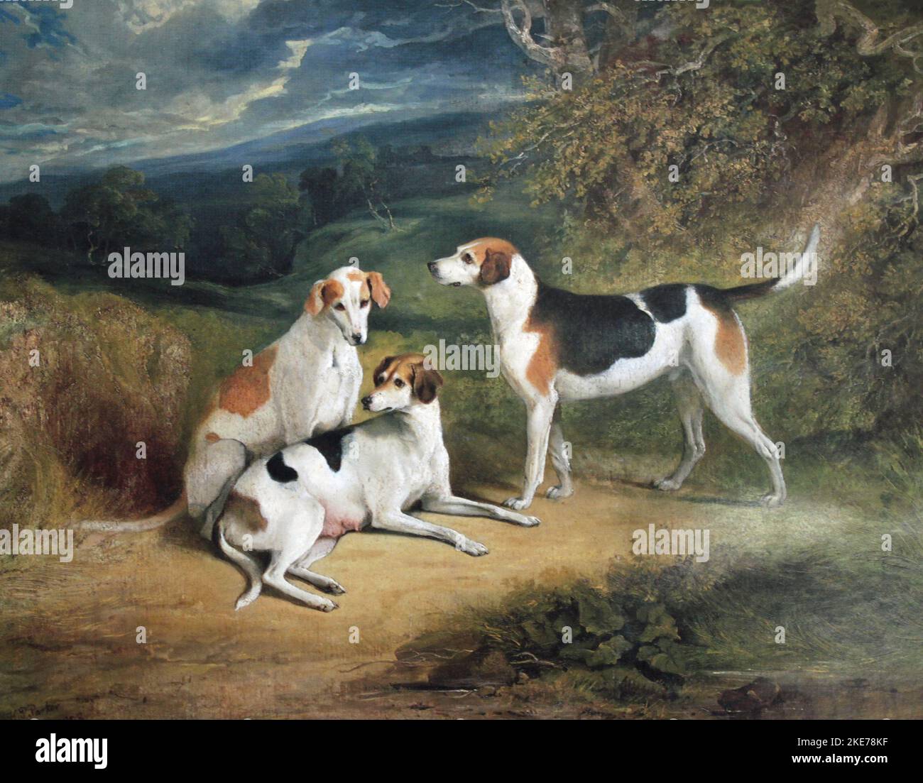 Three Hounds in a Landscape, 1828, Painting by Henry Perlee Parker Stock Photo