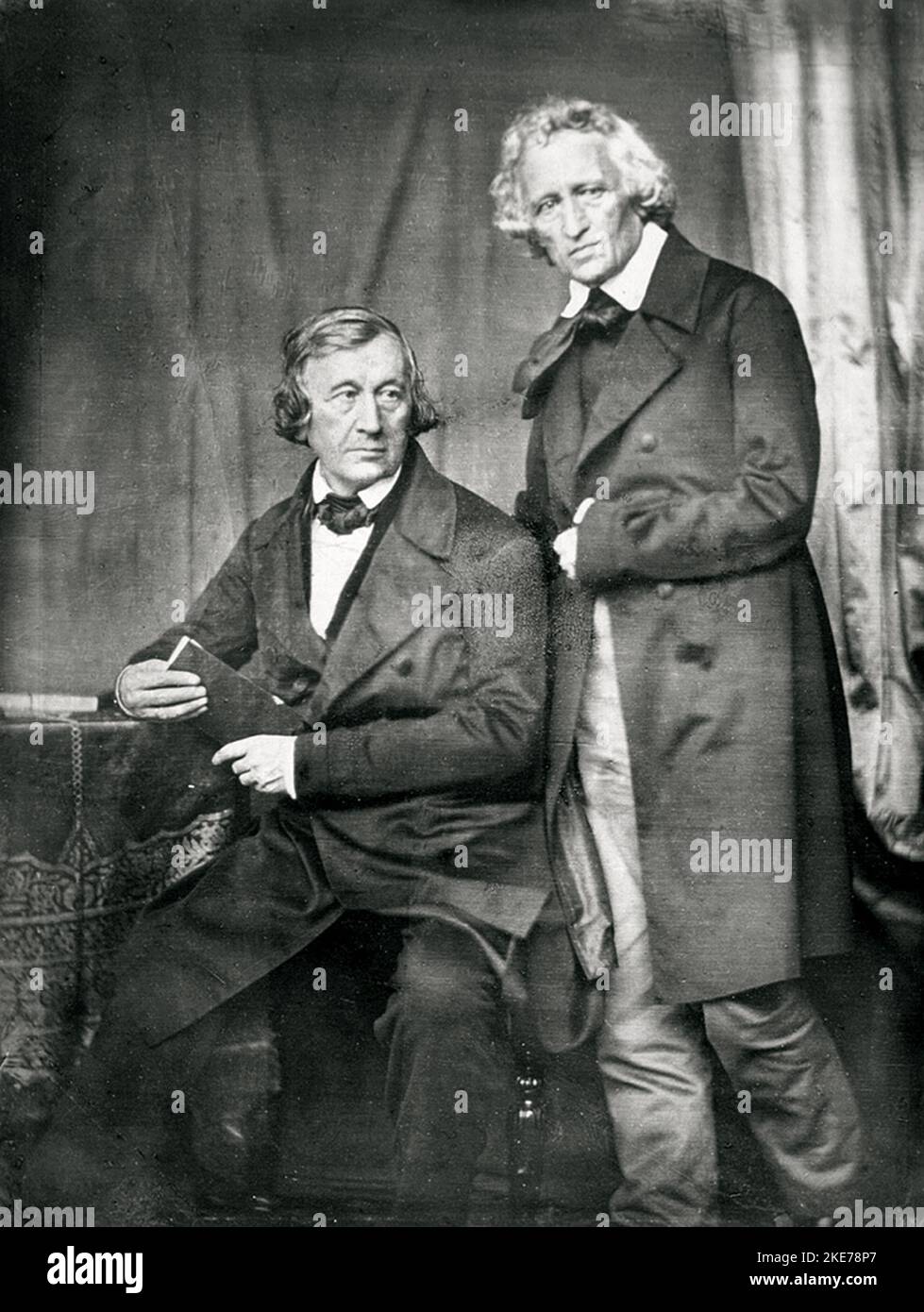 Wilhelm and Jacob Grimm, 1847; daguerreotype by Hermann Blow. The Brothers Grimm (Jacob (1785–1863) and Wilhelm (1786–1859), brother duo of German authors who collected and published folklore. Stock Photo