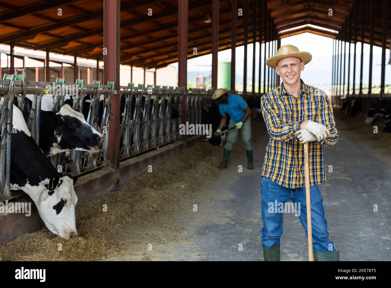 Male farmer holding agricultural tool and standing in hangar Stock ...