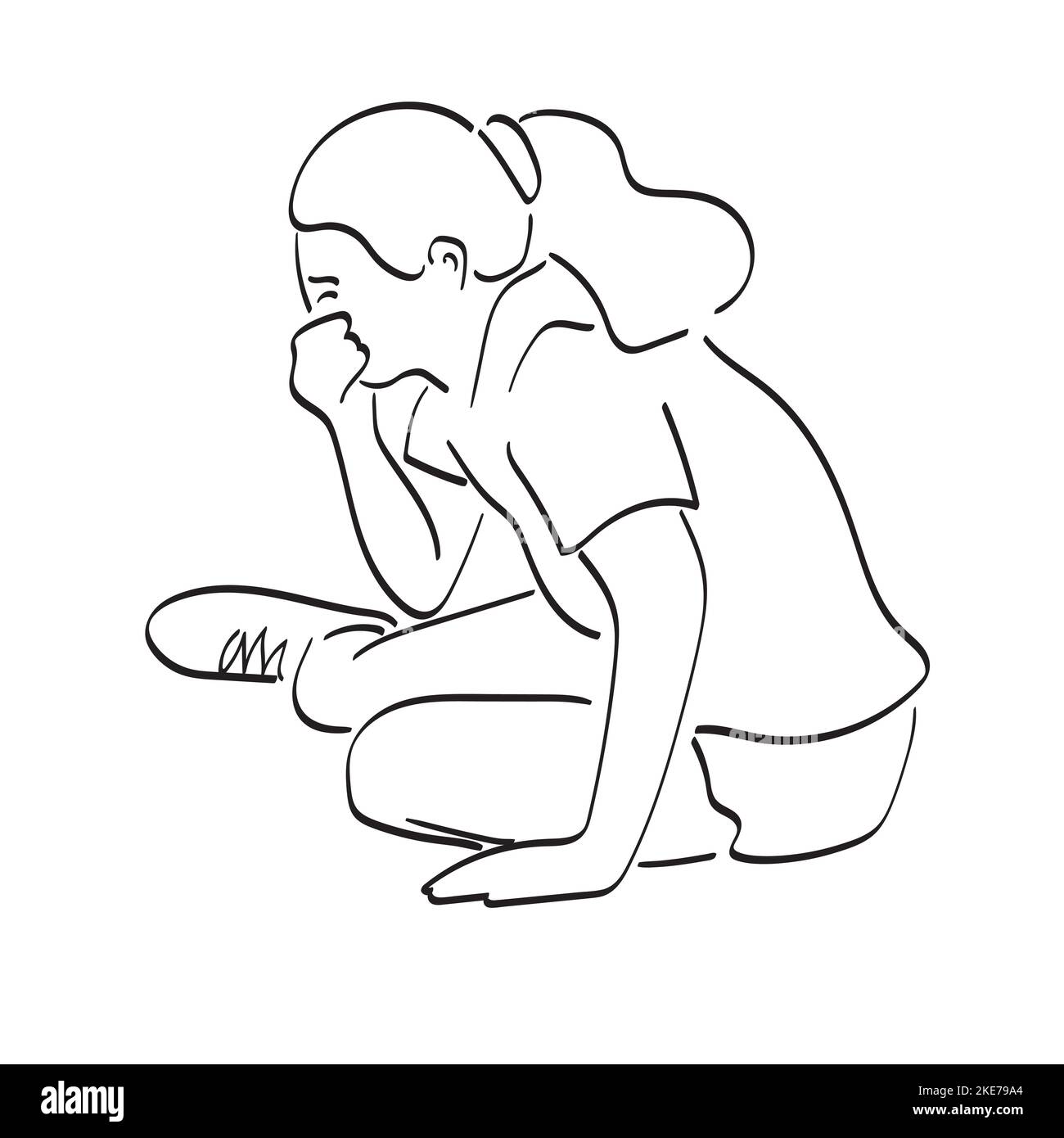 line art female teenager crying on the ground illustration vector hand drawn isolated on white background Stock Vector