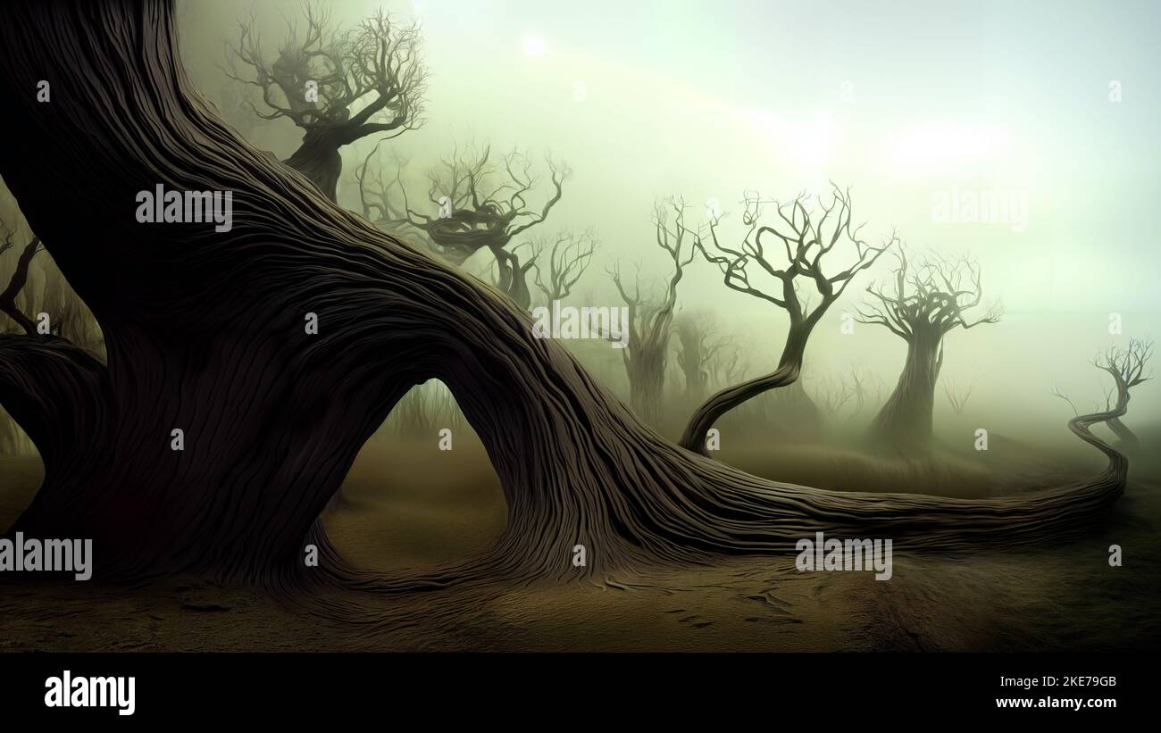 creepy forest with mysterious trees, mysterious dark woods Stock Photo
