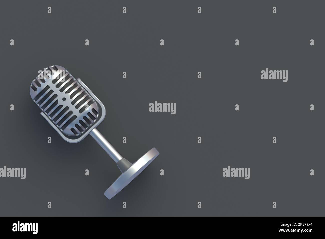 Vintage metallic microphone on gray background. Radio broadcast. Online