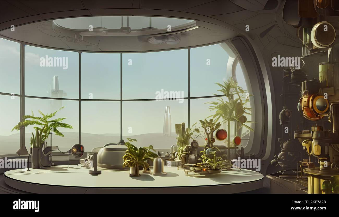 futuristic kitchen, sci-fi room looking out to an alien landscape Stock