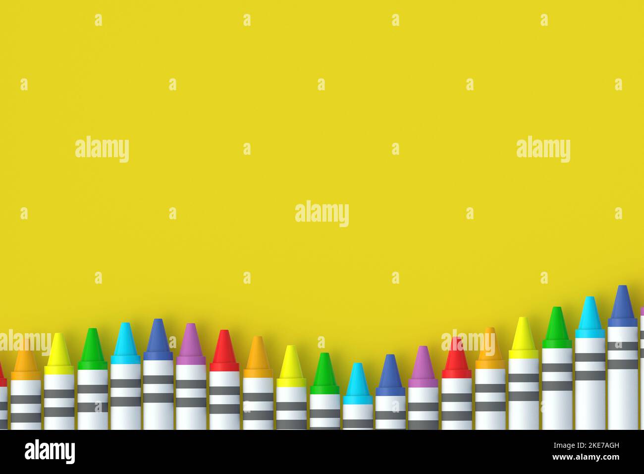 Row of wax crayons on yellow background. Colorful pencils. Back to ...