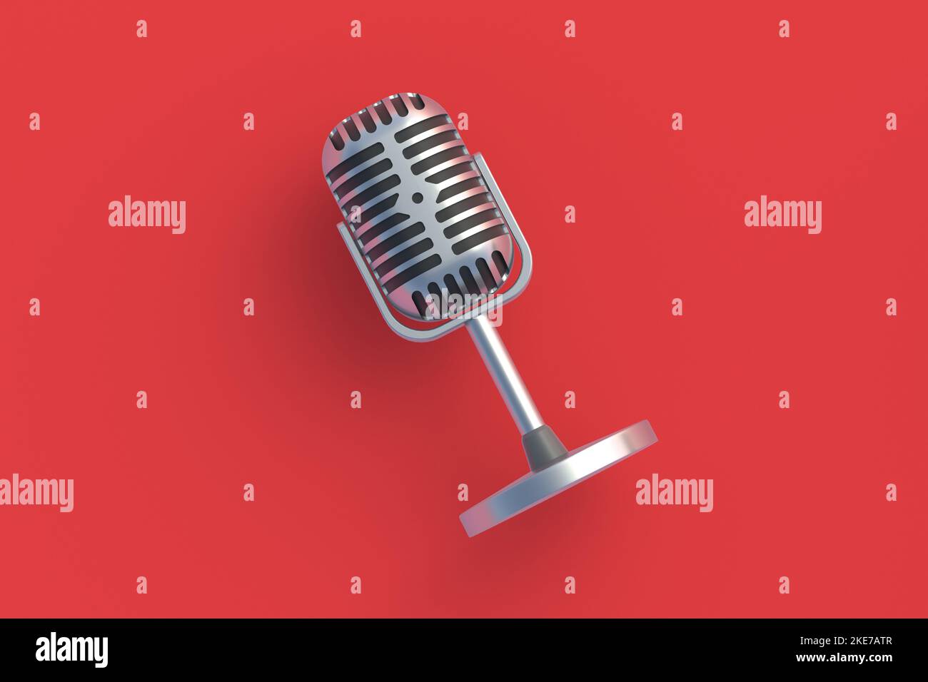 Vintage microphone on red background. Radio broadcast. Online interview