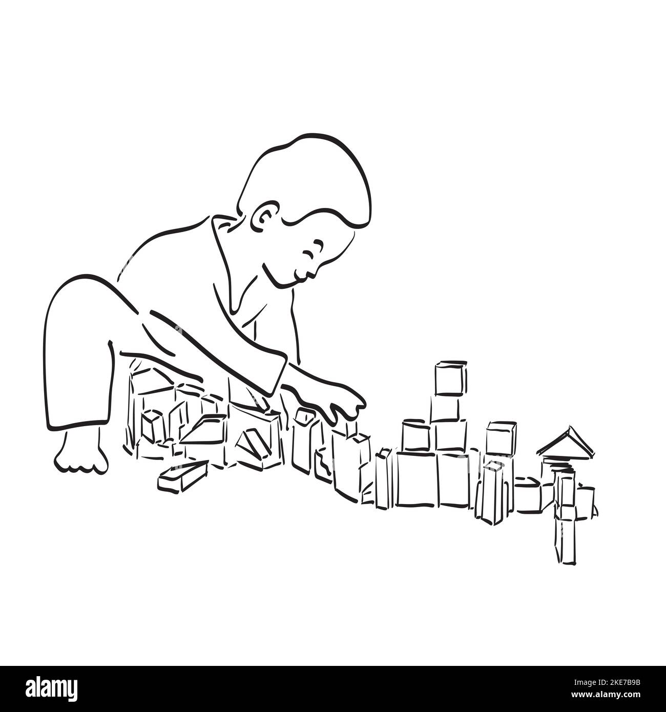 line art male child playing building blocks toys illustration vector hand drawn isolated on