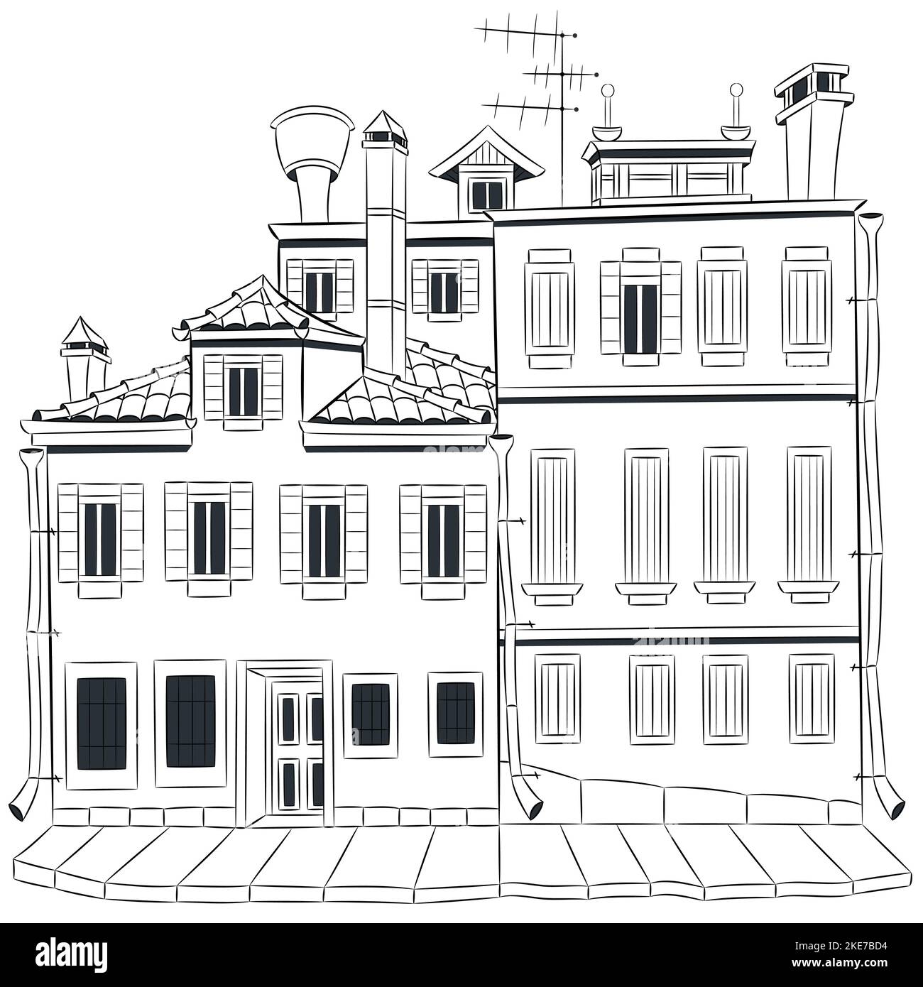 View of the facades of old traditional houses isolated on a white background. Venice. Italy. Vector illustration. Stock Vector