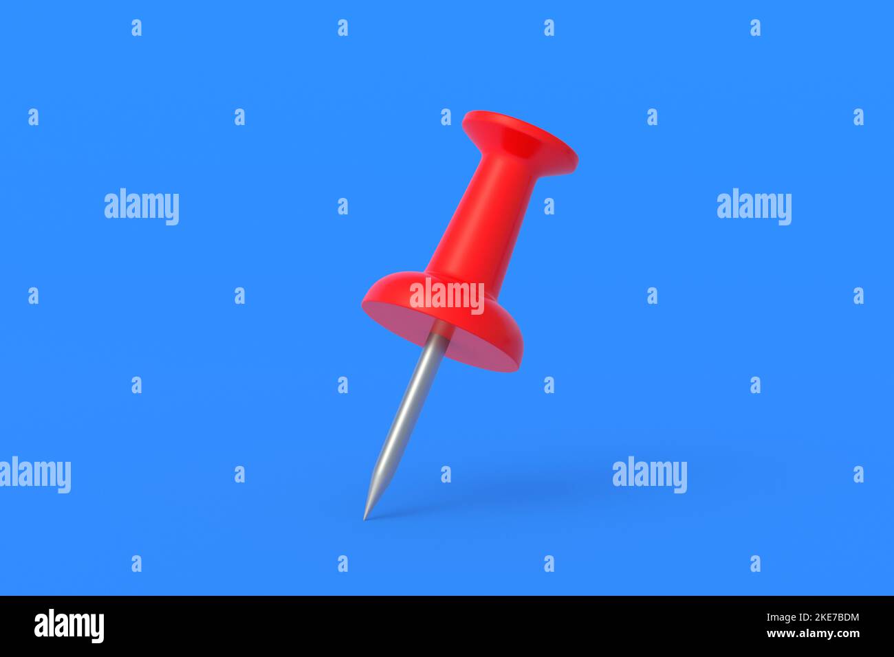 Red push pin on blue background. Stationery tools. Office equipment. School education. 3d render