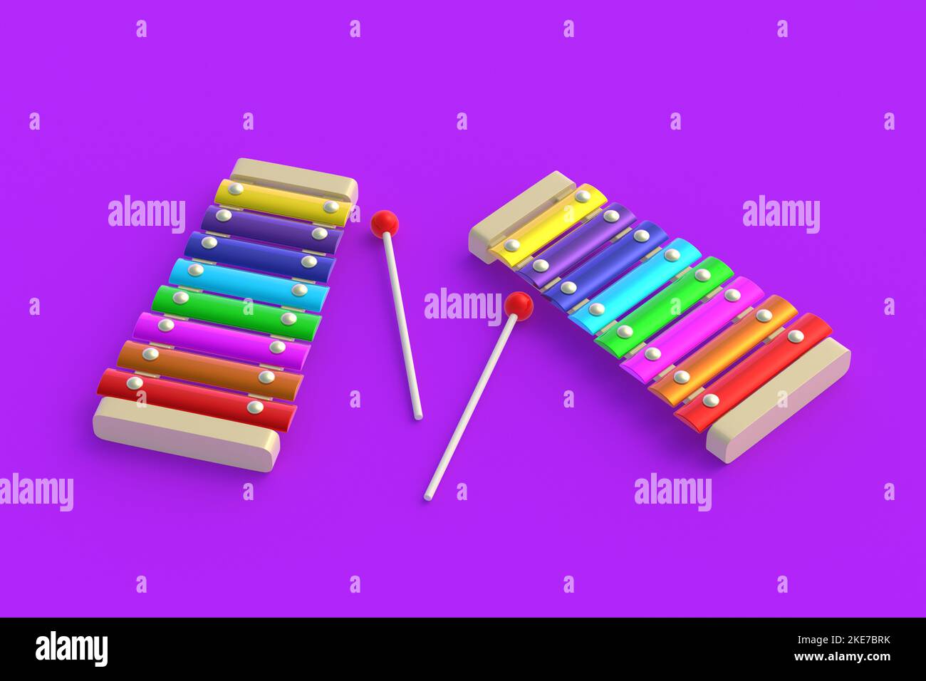 Rainbow xylophones on violet background. Kids toy. Preschool education