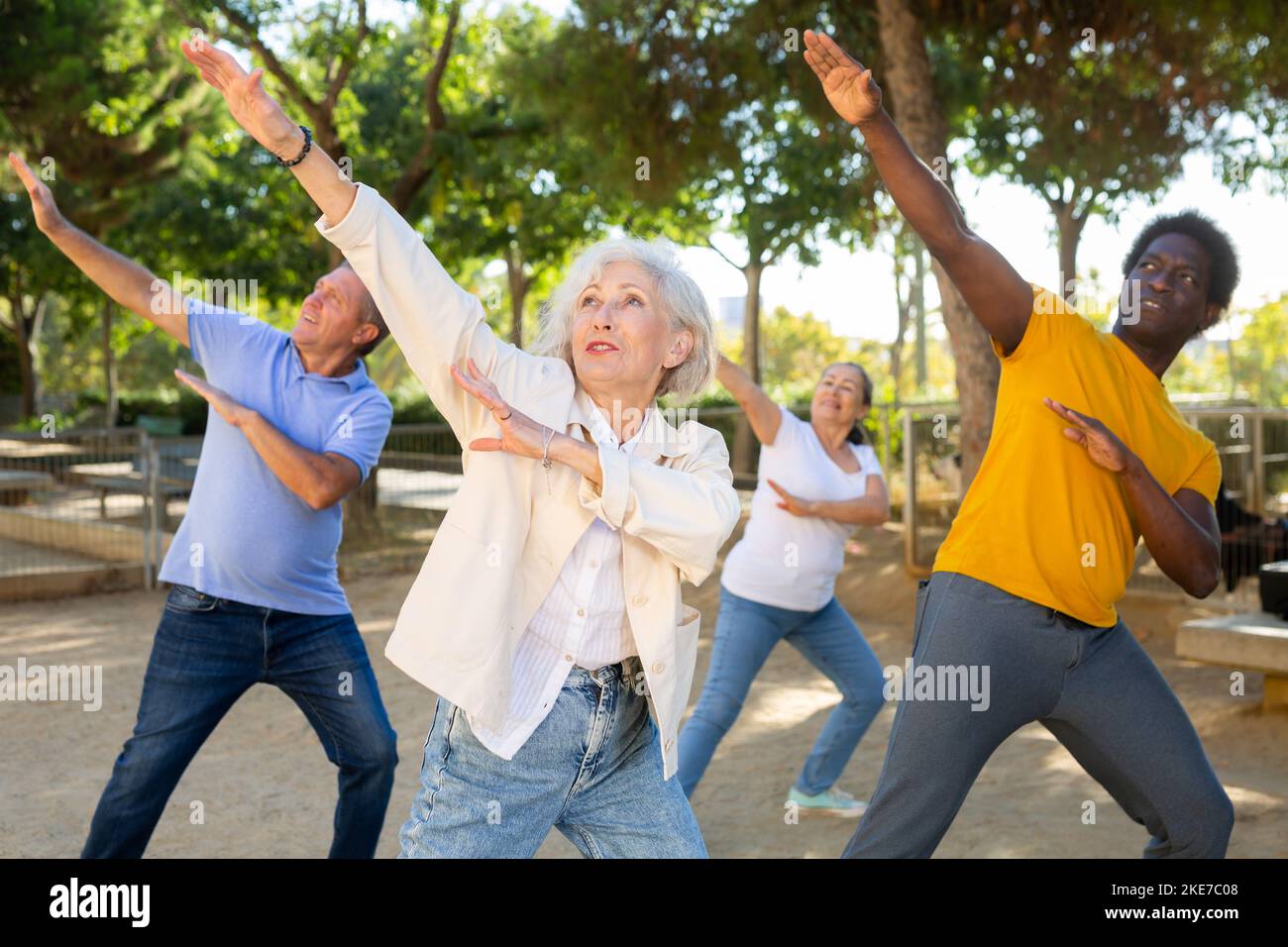 Carefree diverse people dancing rhythmic dance aerobic workout in park ...