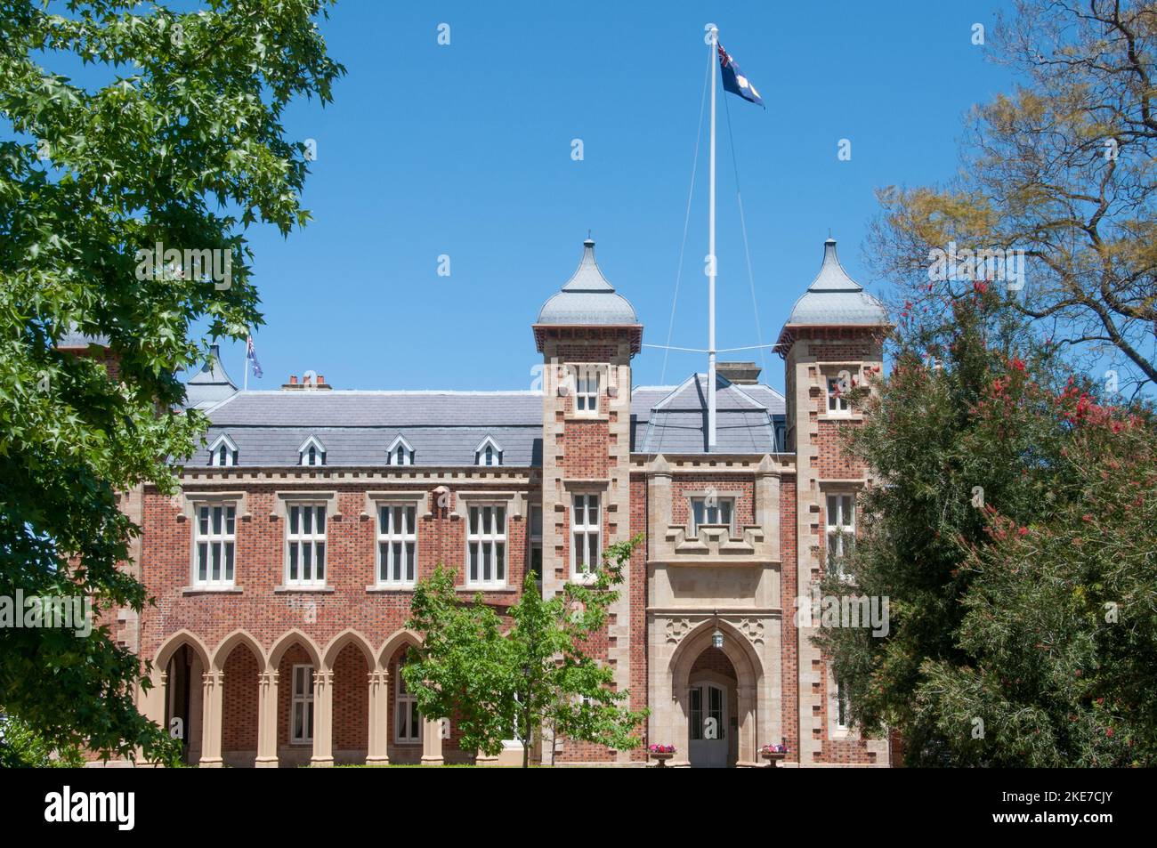 Official residence of the State Governor, Western Australia, Government House (1863) in Perth was designed in the Victorian-era Gothic Revival style. Stock Photo