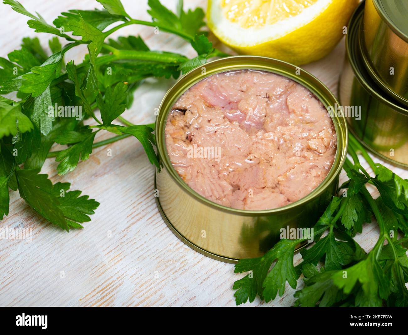 Open tin can of tuna in oil Stock Photo Alamy