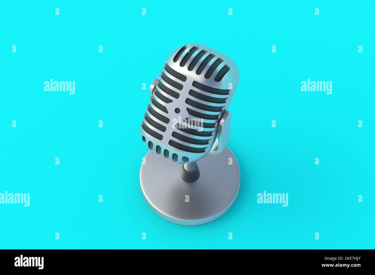 Old style metallic microphone on blue background. Radio broadcast