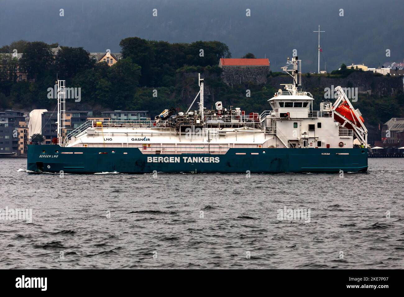 Tanker vessel Bergen LNG at Puddefjorden, in port of Bergen, Norway. Stock Photo