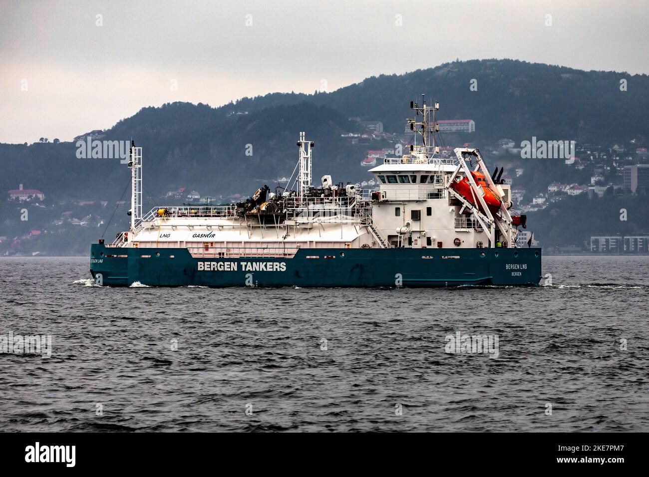 Tanker vessel Bergen LNG at Byfjorden, outside port of Bergen, Norway. Stock Photo