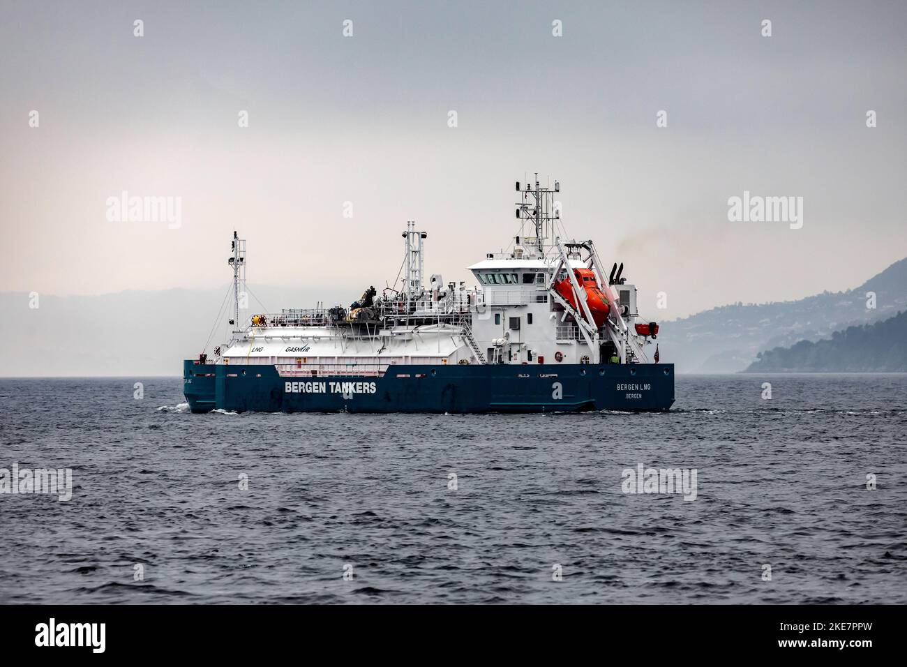 Tanker vessel Bergen LNG at Byfjorden, outside port of Bergen, Norway. A very foggy day Stock Photo