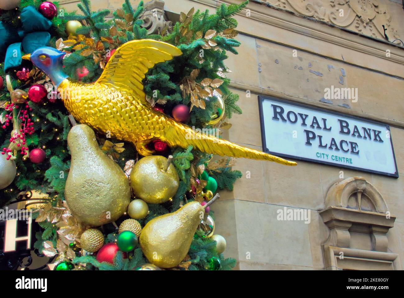 royal bank place street sign ivy restaurant Glasgow outside facade Christmas decoration close up Stock Photo