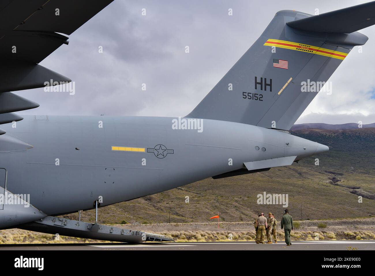 A U.S. Air Force C17 Globemaster III aircrew prepares to receive cargo