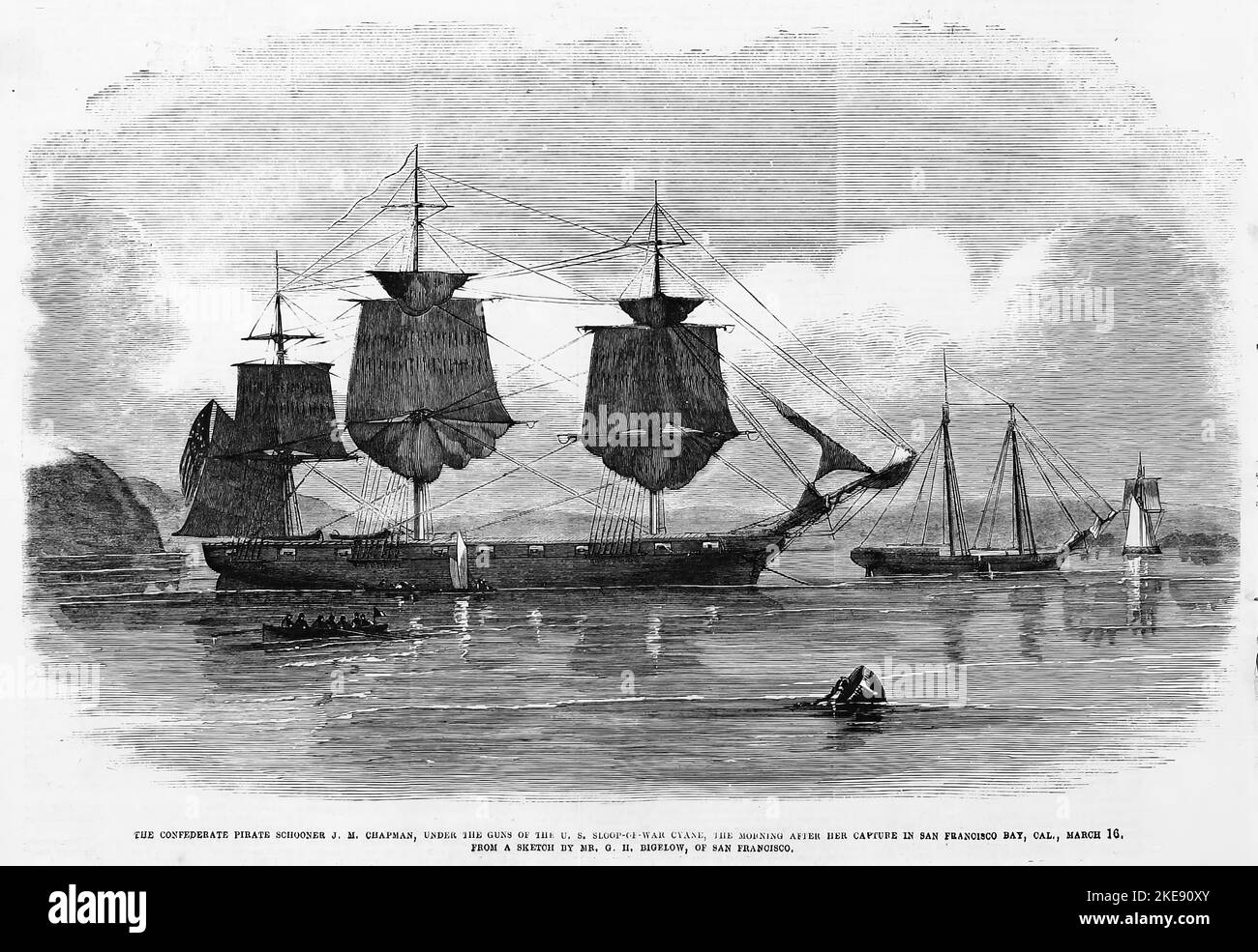 The Confederate pirate schooner J. M. Chapman, under the guns of the U. S. sloop-of-war Cyane, the morning after the capture in San Francisco Bay, California, March 16th, 1863. 19th century American Civil War illustration from Frank Leslie's Illustrated Newspaper Stock Photo
