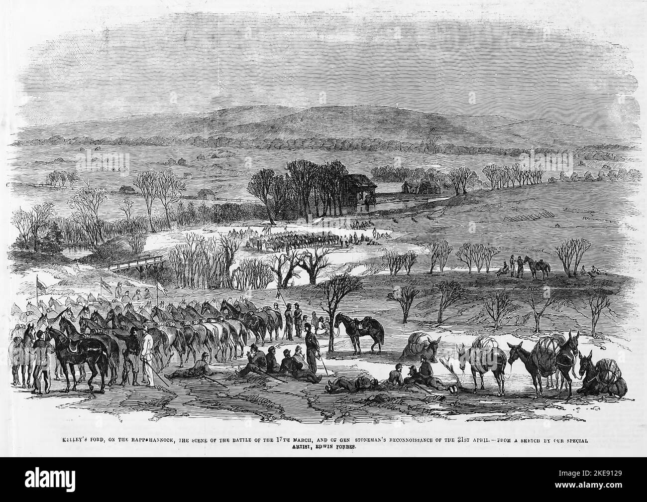 Kelley's Ford, on the Rappahannock, the scene of the battle of March 17th, 1863, and of General George Stoneman's reconnaissance of April 21st. Battle of Kelly's Ford. 19th century American Civil War illustration from Frank Leslie's Illustrated Newspaper Stock Photo