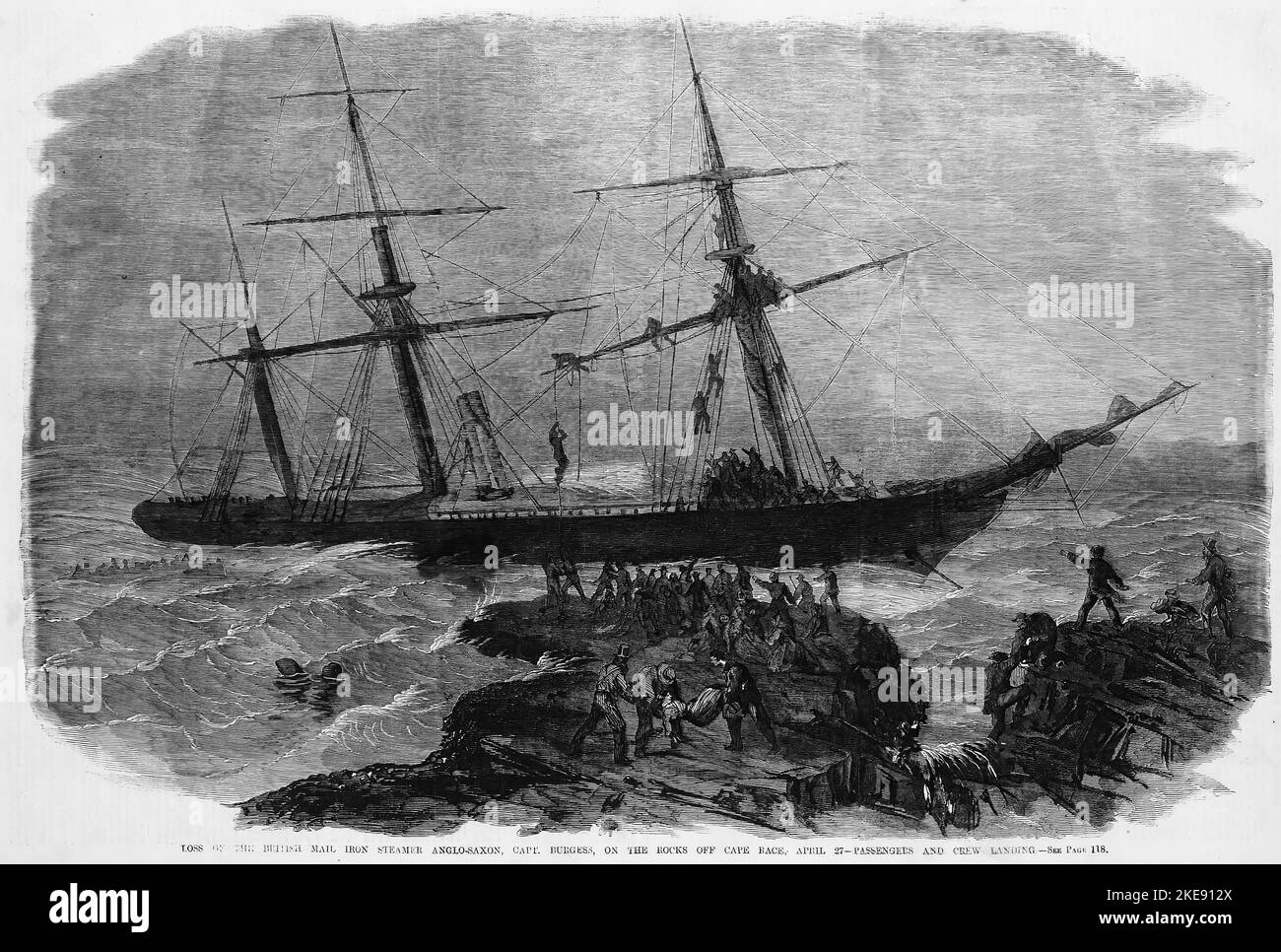 Loss of the British Mail iron steamer Anglo-Saxon, Captain Burgess, on the rocks off Cape Race, April 27th, 1863 - Passengers and crew landing. 19th century American Civil War illustration from Frank Leslie's Illustrated Newspaper Stock Photo