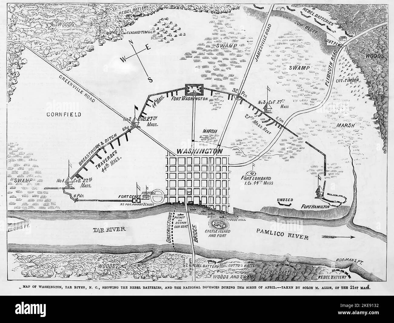 Map of Washington, Tar River, North Carolina, showing the Rebel batteries, and the National defenses during the Siege of April 1863. Battle of Washington. 19th century American Civil War illustration from Frank Leslie's Illustrated Newspaper Stock Photo