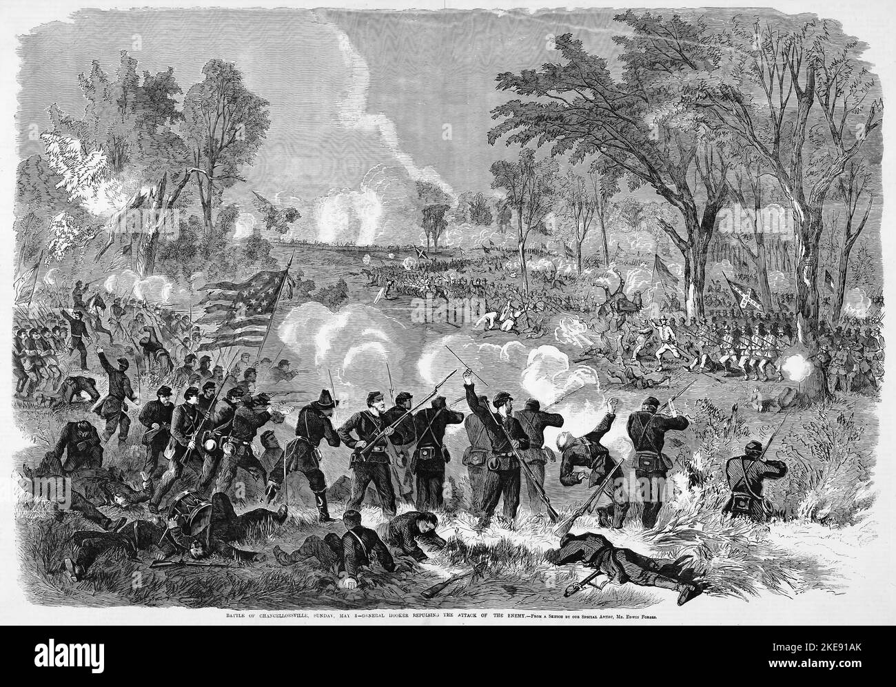 Battle of Chancellorsville, Sunday, May 8th, 1863 - General Joseph Hooker repulsing the attack of the enemy. 19th century American Civil War illustration from Frank Leslie's Illustrated Newspaper Stock Photo