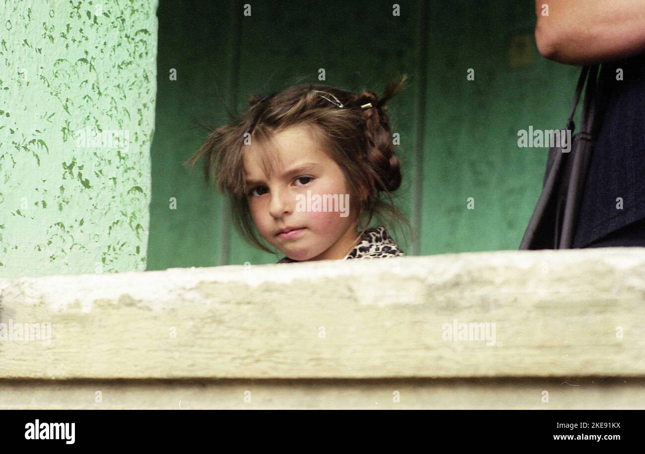 Hunedoara County, Romania, 2003. Young girl belonging to the Momarlani community. Stock Photo