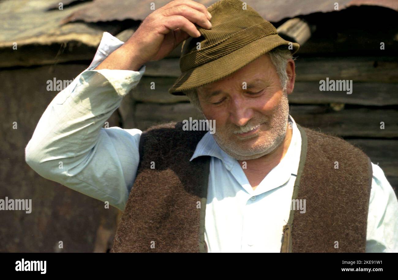 Hunedoara County, Romania, 2003. Portrait of man belonging to the community of Momarlani. Stock Photo