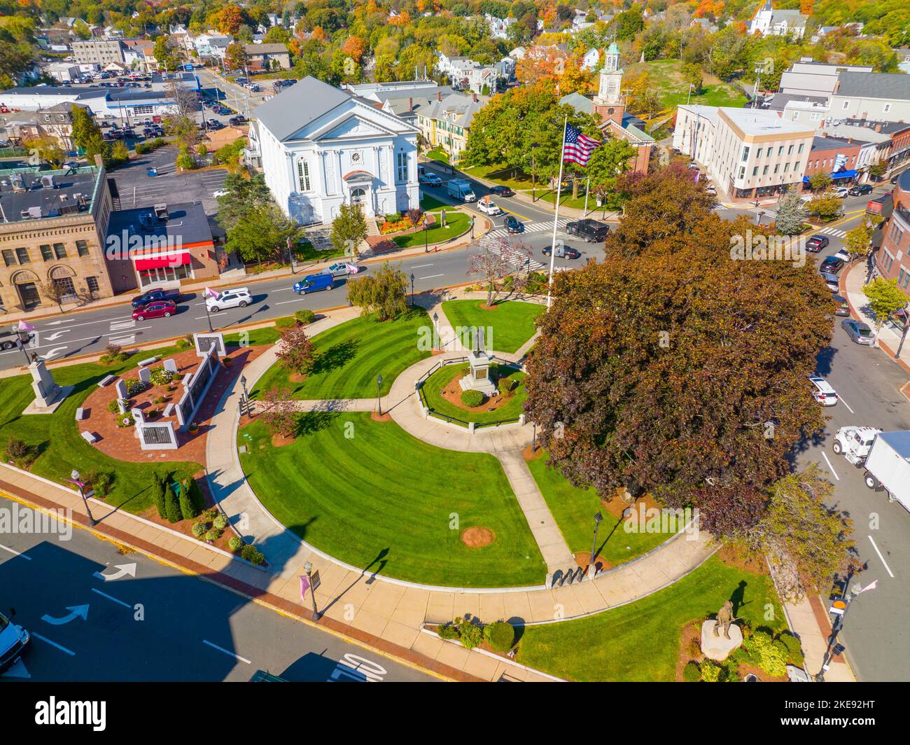 Woburn Common and City Hall aerial view in downtown Woburn, Massachusetts MA, USA Stock Photo