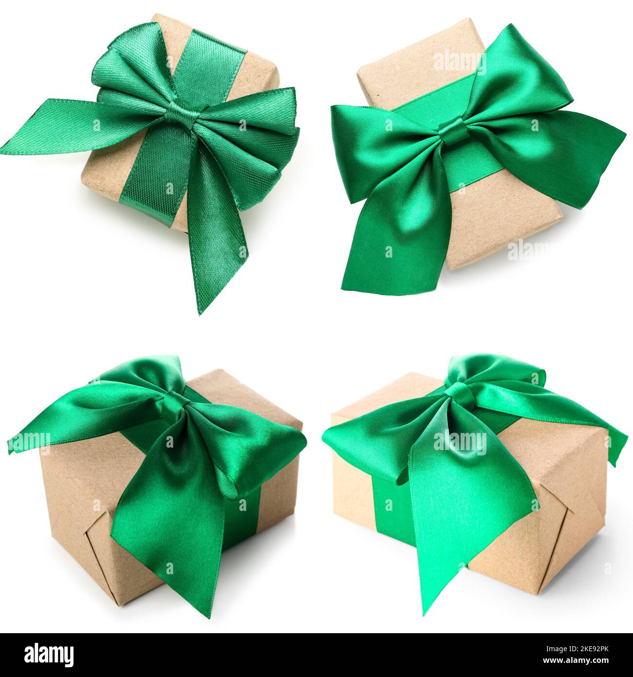 Set of gift boxes with green ribbons isolated on white Stock Photo Alamy