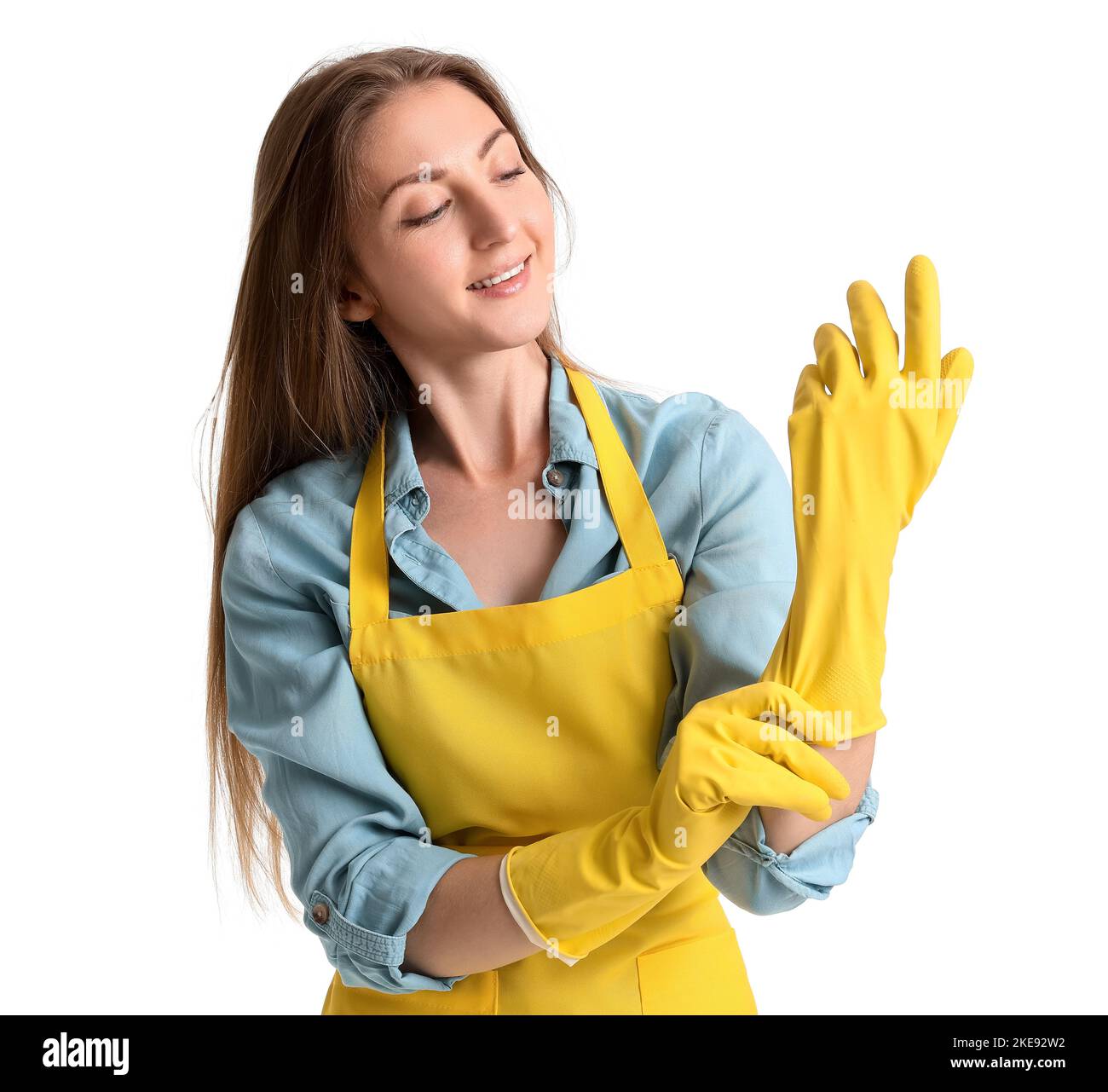 Young woman with rubber gloves on white background Stock Photo - Alamy