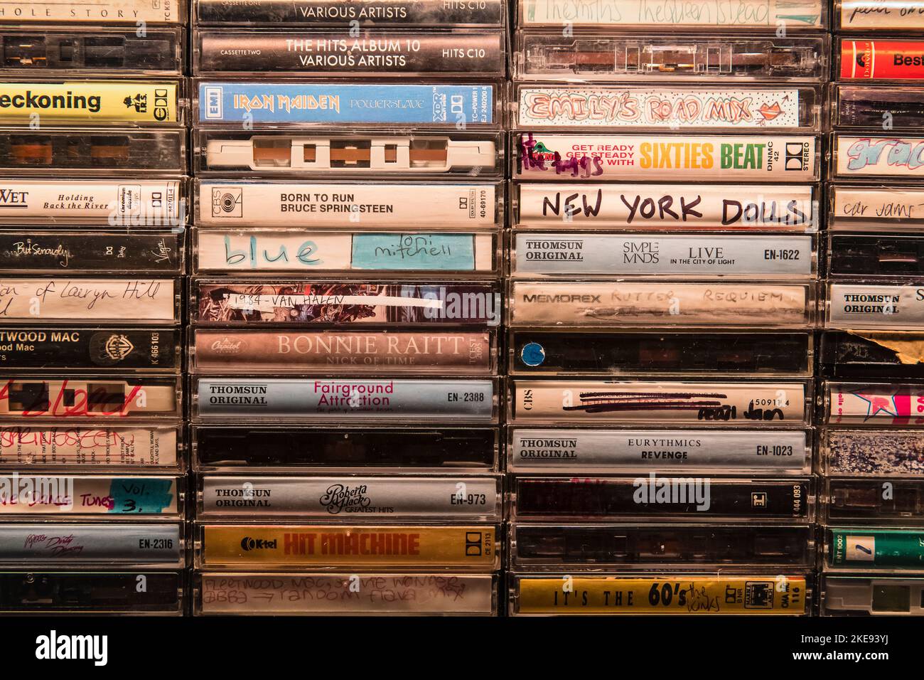 Cassette tapes, lines of tapes on top of each other up on top of each other, mix tapes Stock Photo