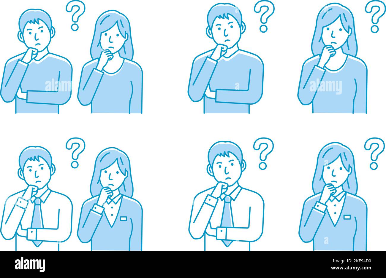 Vector illustration set of a young man and woman (couple / family) having a question Stock Vector