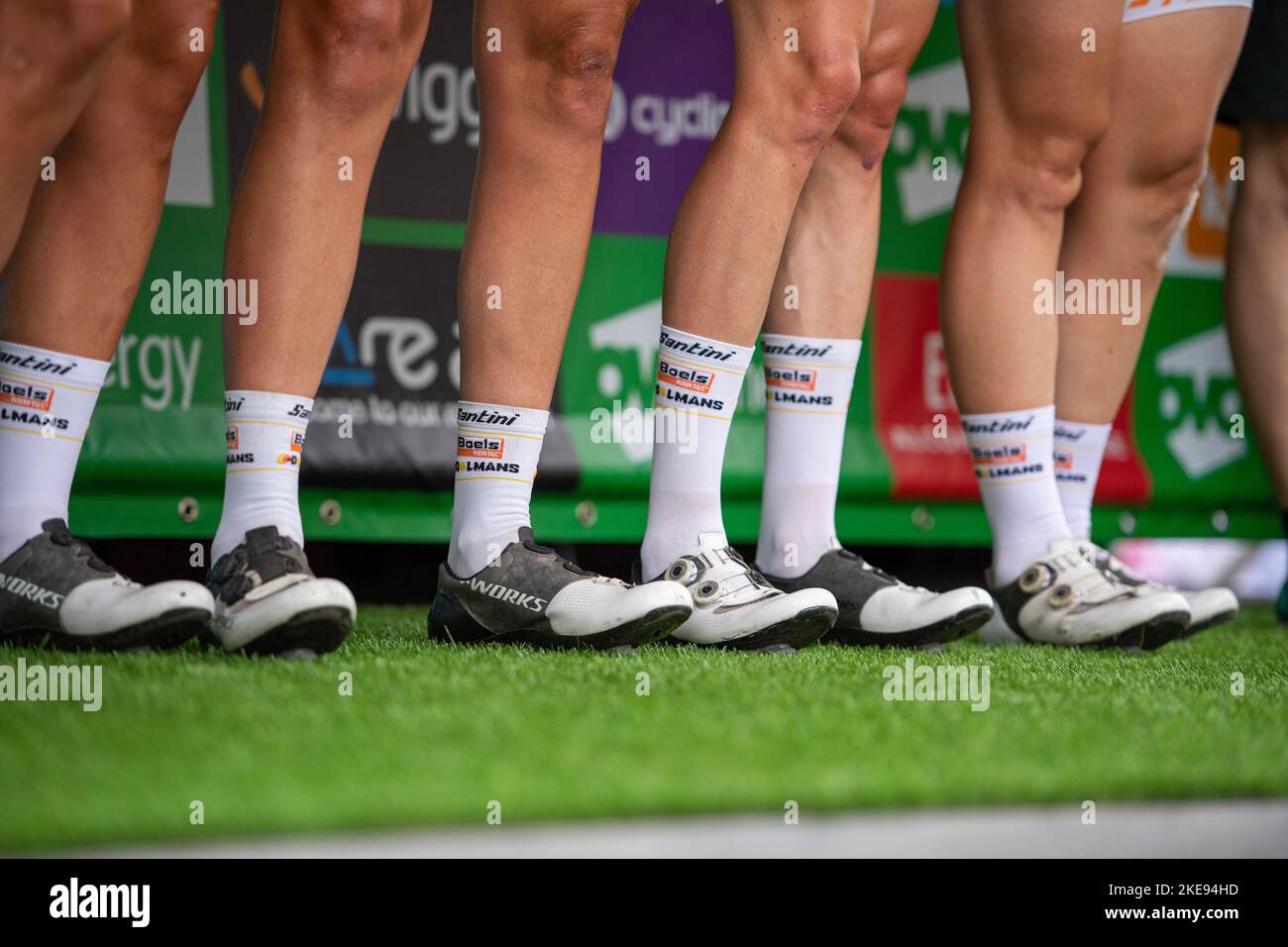 Female legs professional cyclist being presented the two of Britain