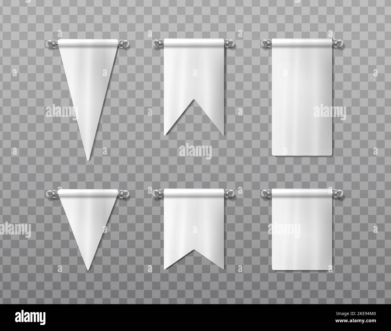 3d realistic vector icon set. white mockup hanging pennant in different shapes, hanging banner