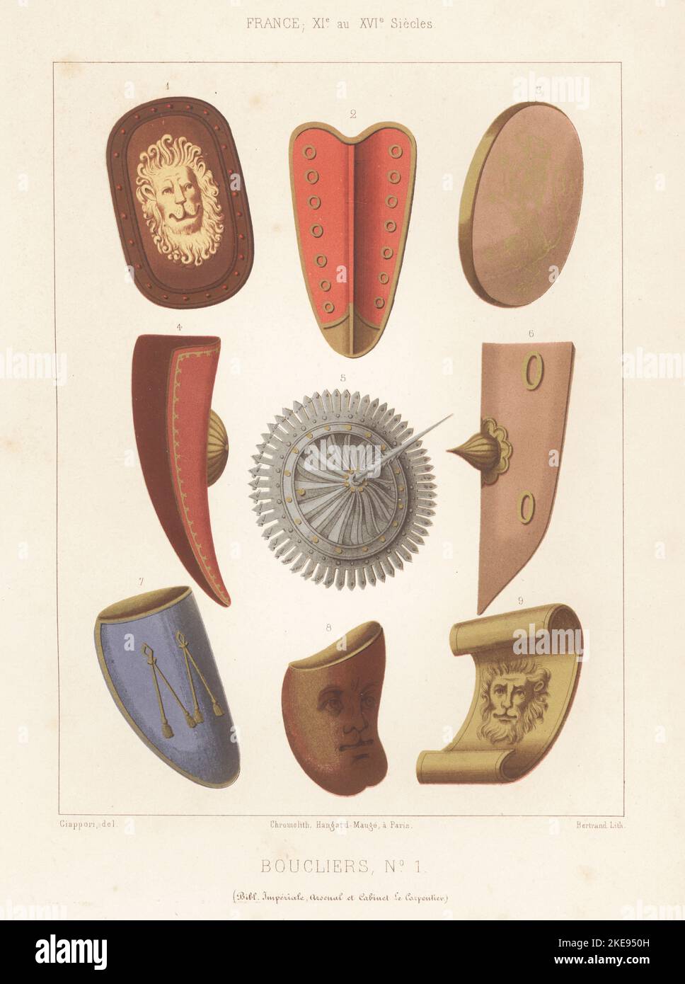 Military shields or bucklers, 11th to 16th centuries. 1,3,6 from a manuscript by Jean Fouquet, 5 from Mr. Carpentier's cabinet, and the others from MS 109 H, Bibliotheque de l'Arsenal. Boucliers, France, XIe au XVIe siecles. Chromolithograph by Bertrand after an illustration by Claudius Joseph Ciappori from Charles Louandre’s Les Arts Somptuaires, The Sumptuary Arts, Hangard-Mauge, Paris, 1858. Stock Photo